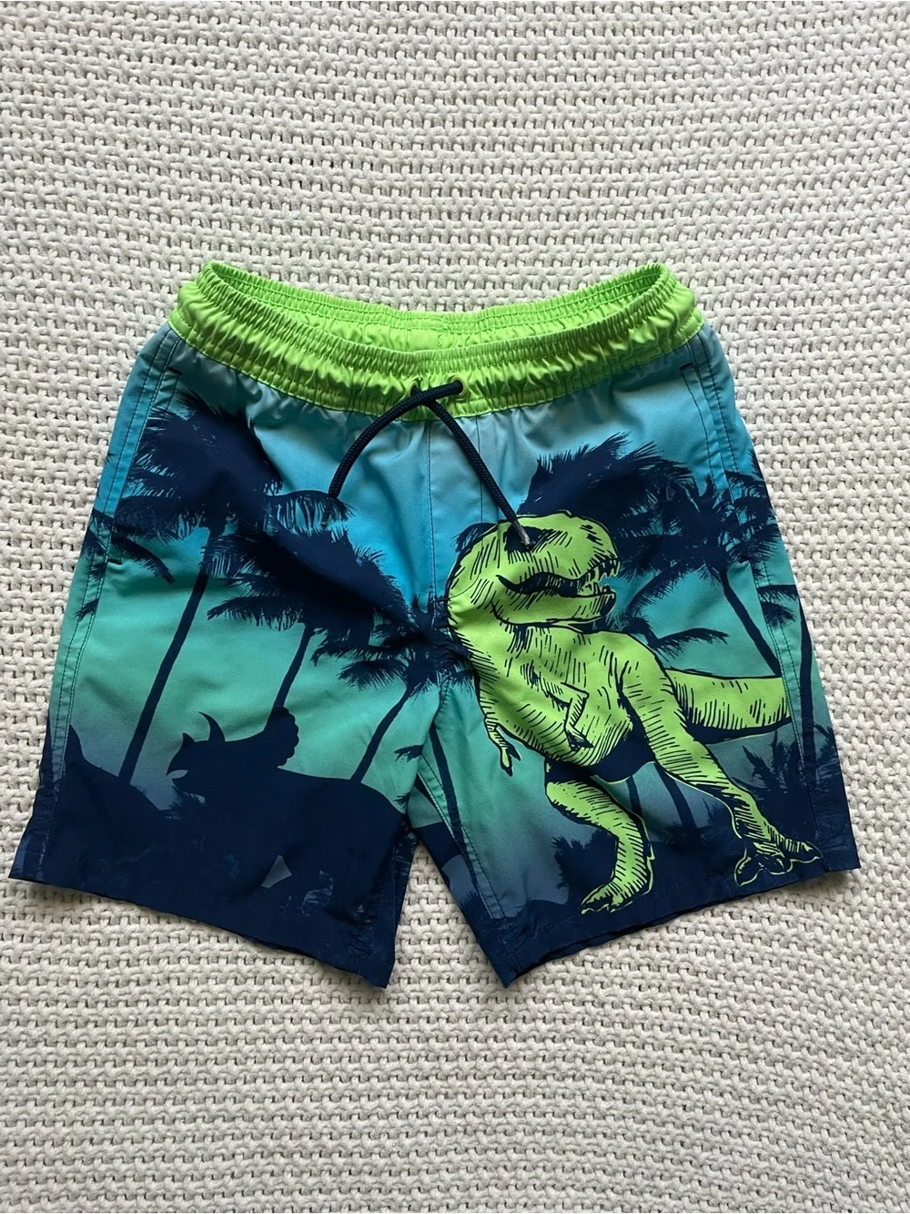 Lands' End Boys Green & Teal Dinosaur Swim Trunks